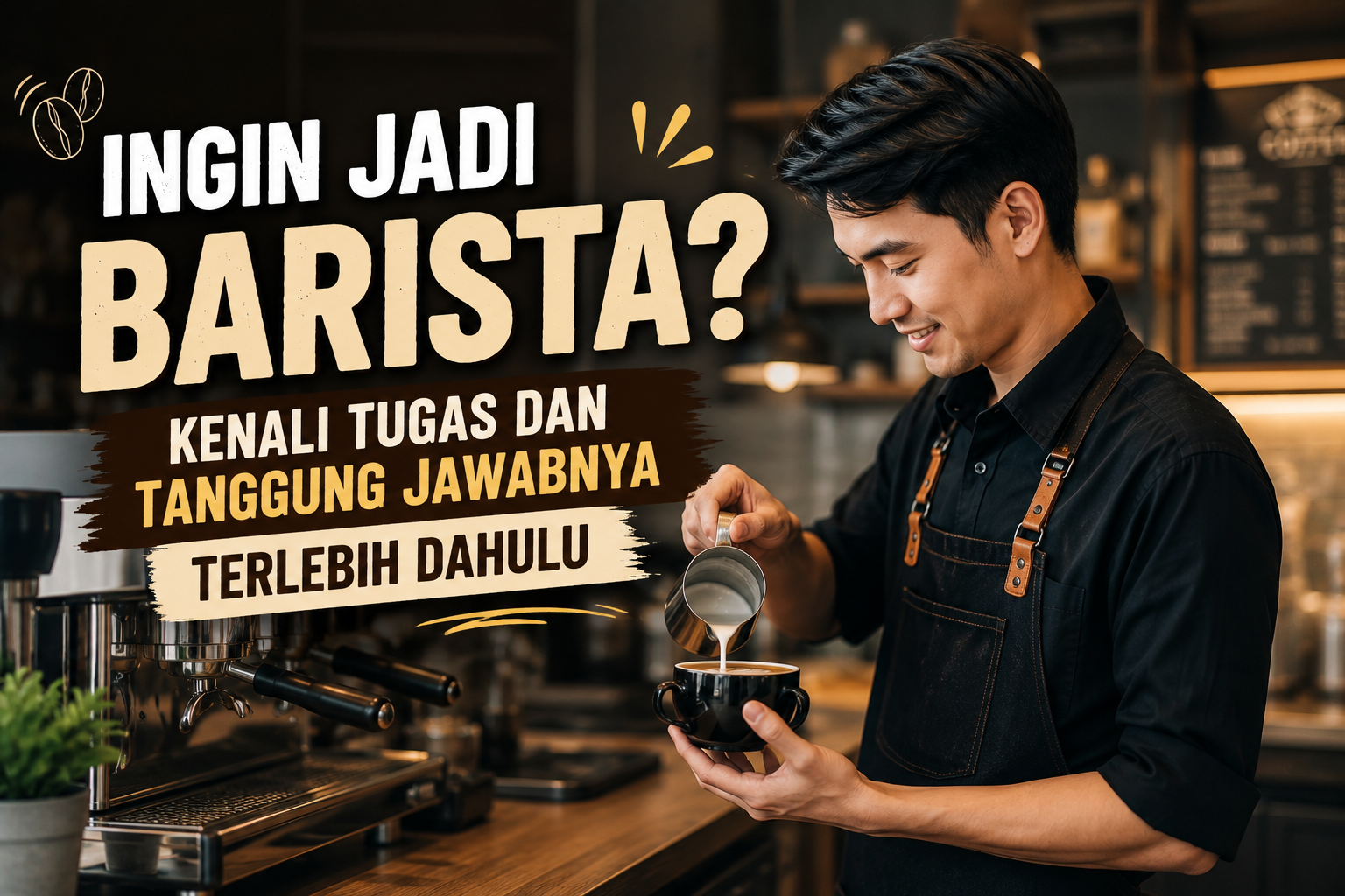 Barista sedang menyajikan kopi dengan mesin espresso di kafe modern, menggambarkan profesi dan tanggung jawab barista.
