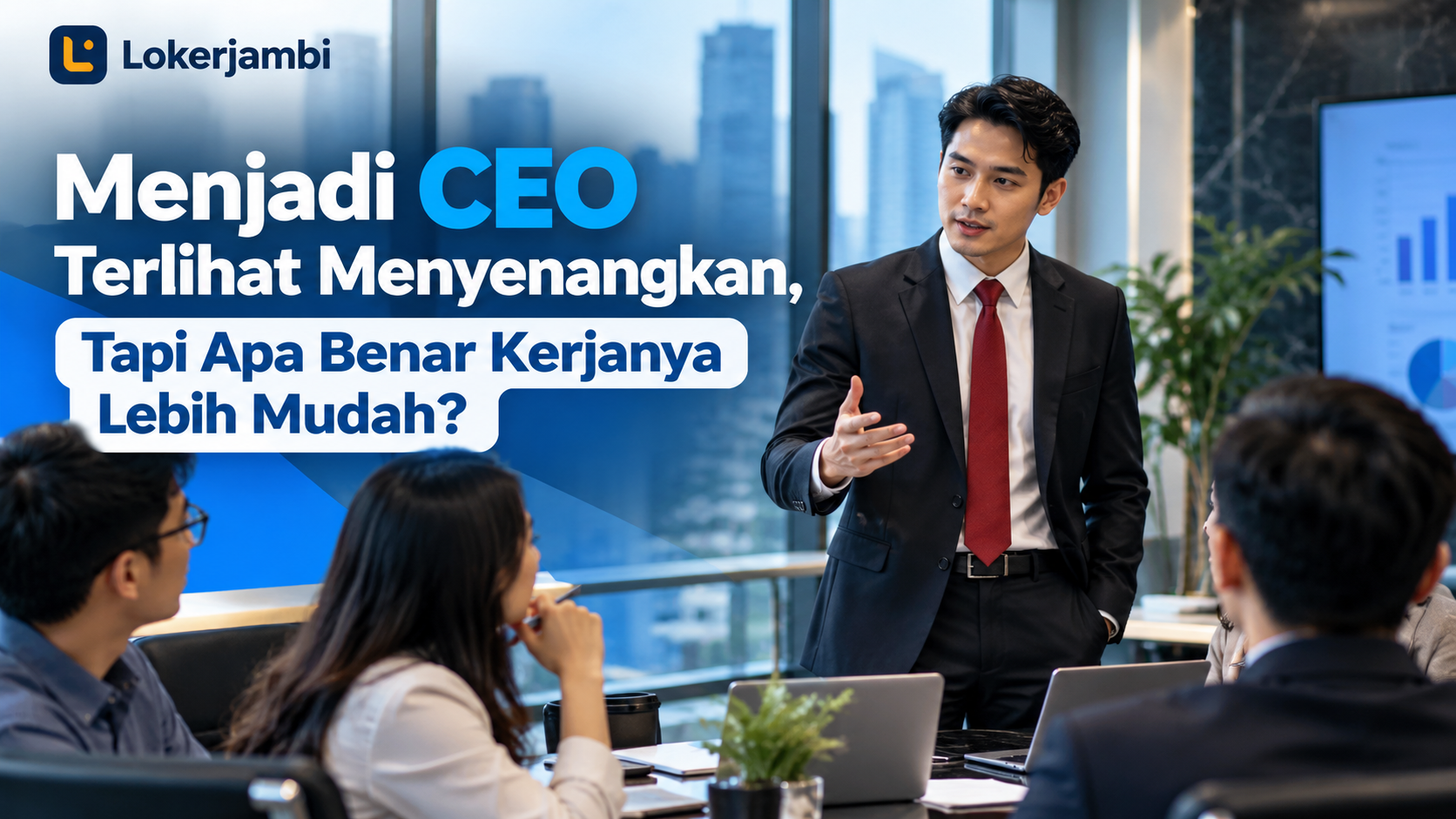 Pimpinan perusahaan berdiskusi bersama tim di kantor modern menggambarkan tanggung jawab seorang CEO