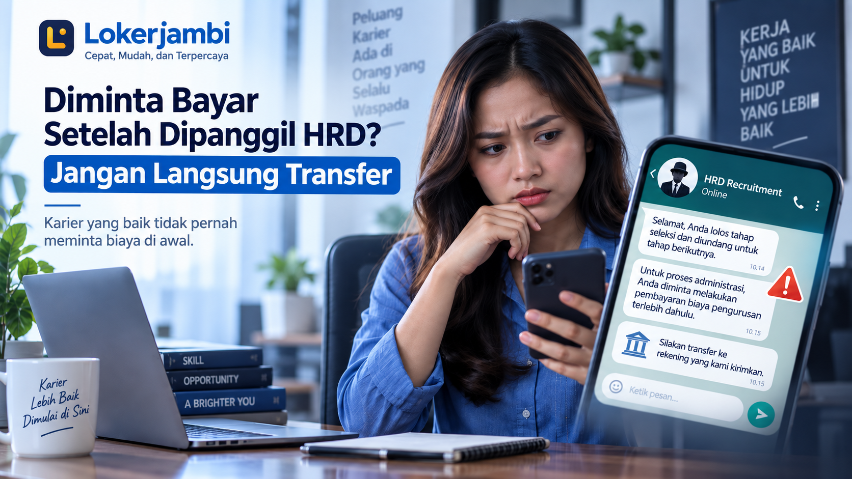 Pencari kerja menerima pesan WhatsApp dari HRD palsu yang meminta transfer uang dalam proses rekrutmen.