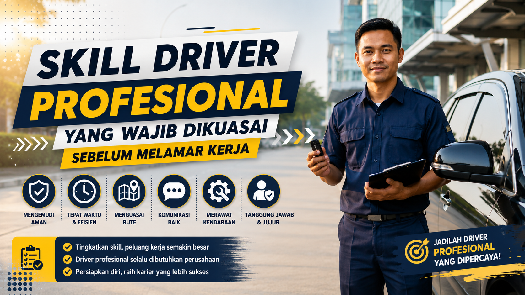Driver profesional mengenakan seragam kerja berdiri di samping mobil dengan ilustrasi keterampilan yang wajib dikuasai sebelum melamar kerja.