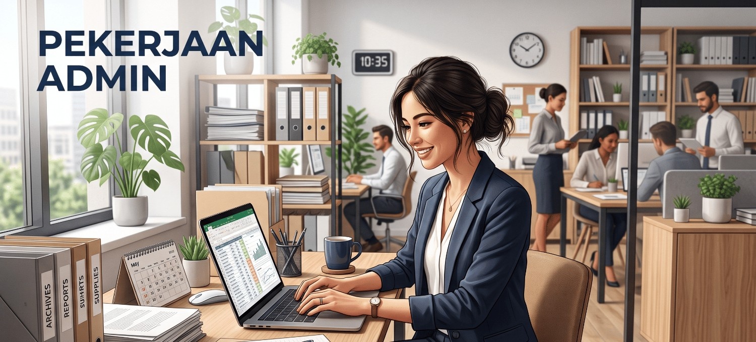 Ilustrasi seorang admin sedang bekerja di kantor modern menggunakan laptop sambil mengelola dokumen administrasi sebagai gambaran pekerjaan admin di perusahaan.