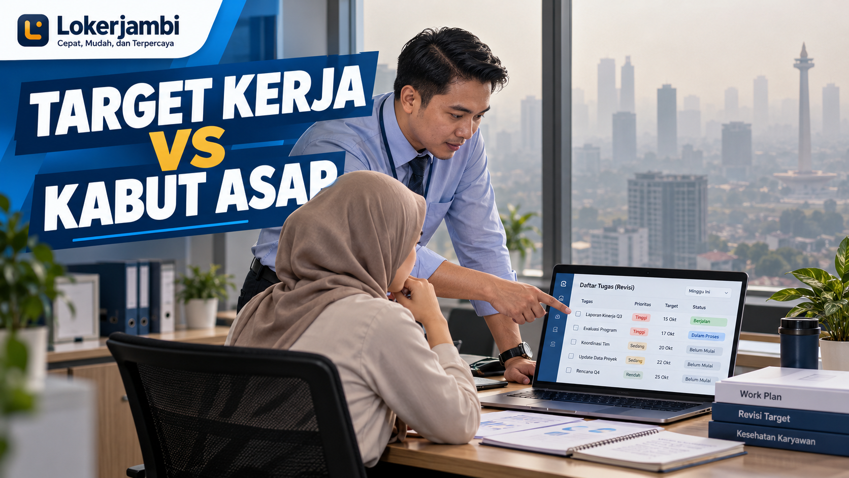 Manajer dan karyawan mendiskusikan penyesuaian target kerja di kantor saat kabut asap mengganggu aktivitas.