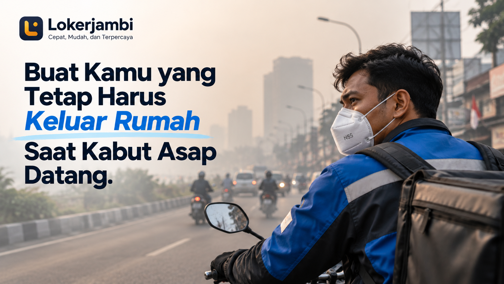 Pekerja menggunakan masker pelindung saat bekerja di tengah kabut asap