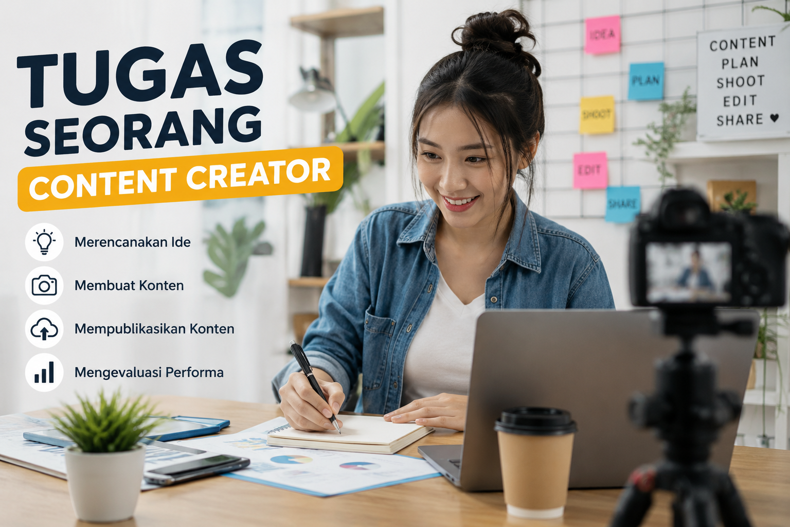 Gambar profesi content creator yang sedang bekerja membuat konten digital di ruang kerja modern.