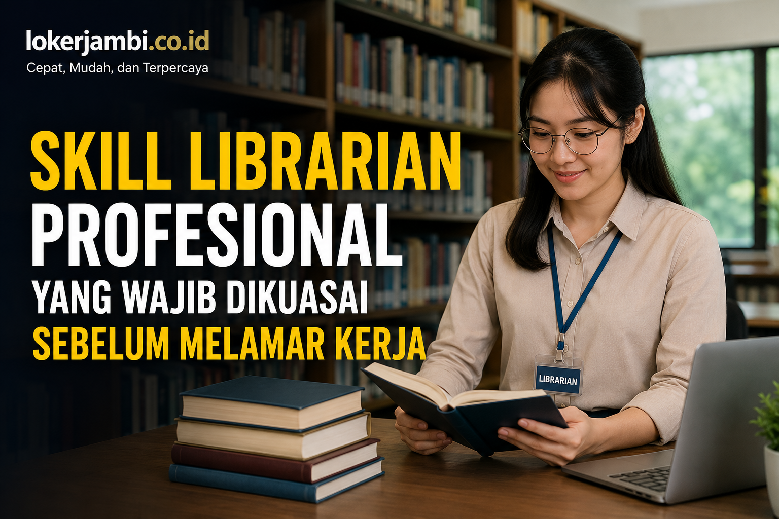 Thumbnail artikel Skill Librarian Profesional yang Wajib Dikuasai Sebelum Melamar Kerja menampilkan seorang librarian bekerja di perpustakaan modern sambil membaca buku dengan laptop di meja - Lokerjambi.co.id