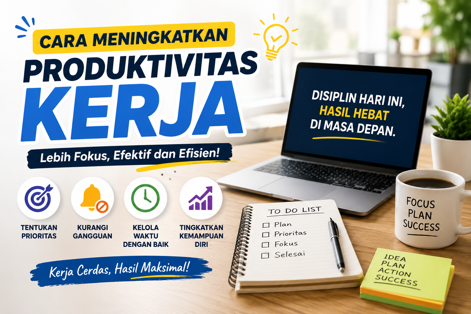 Cara meningkatkan produktivitas kerja dengan menentukan prioritas, mengelola waktu, mengurangi gangguan, dan meningkatkan kemampuan diri.