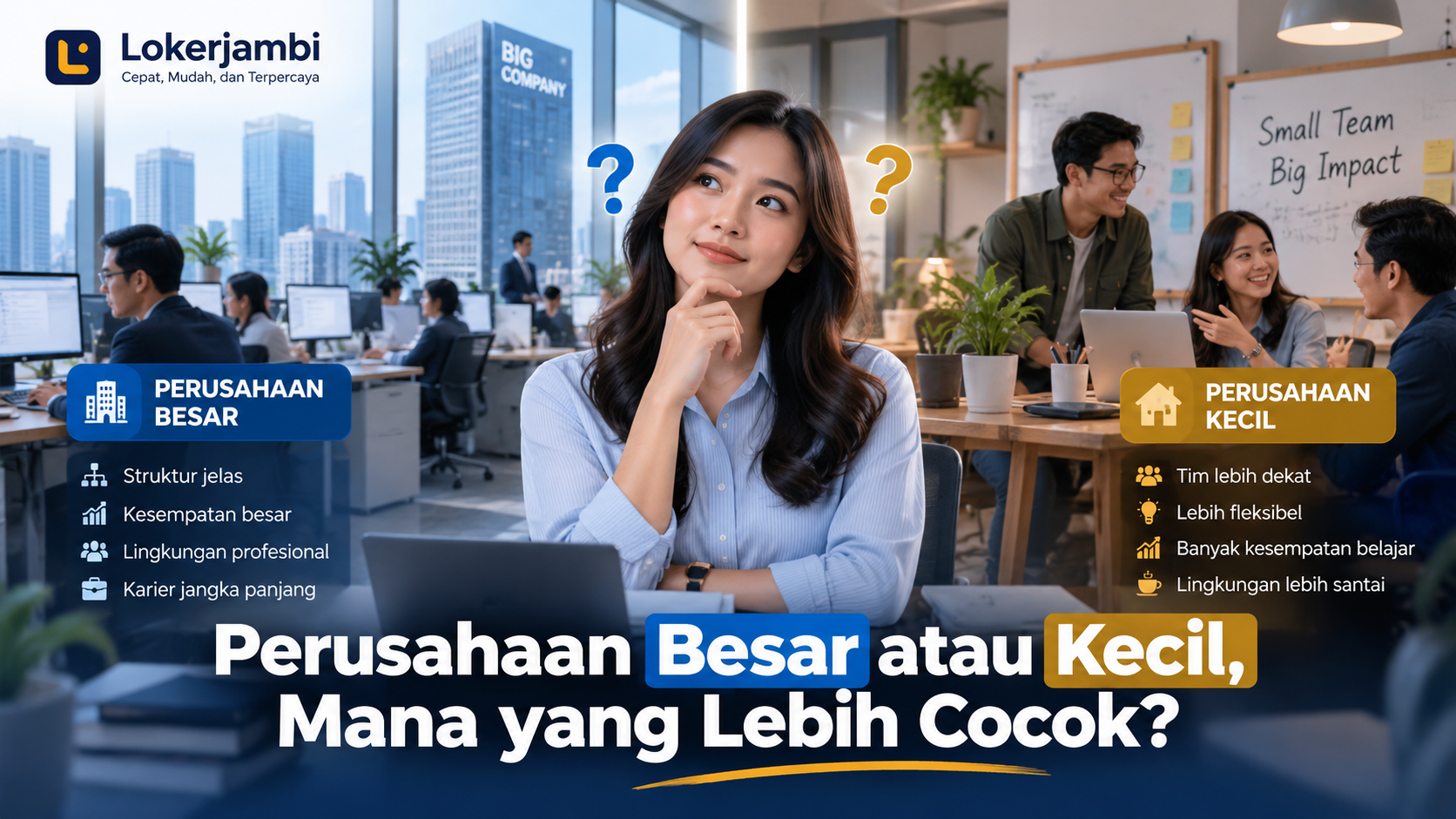 Perbandingan bekerja di perusahaan besar dan perusahaan kecil berdasarkan sistem kerja, jenjang karier, fleksibilitas, dan kesempatan berkembang