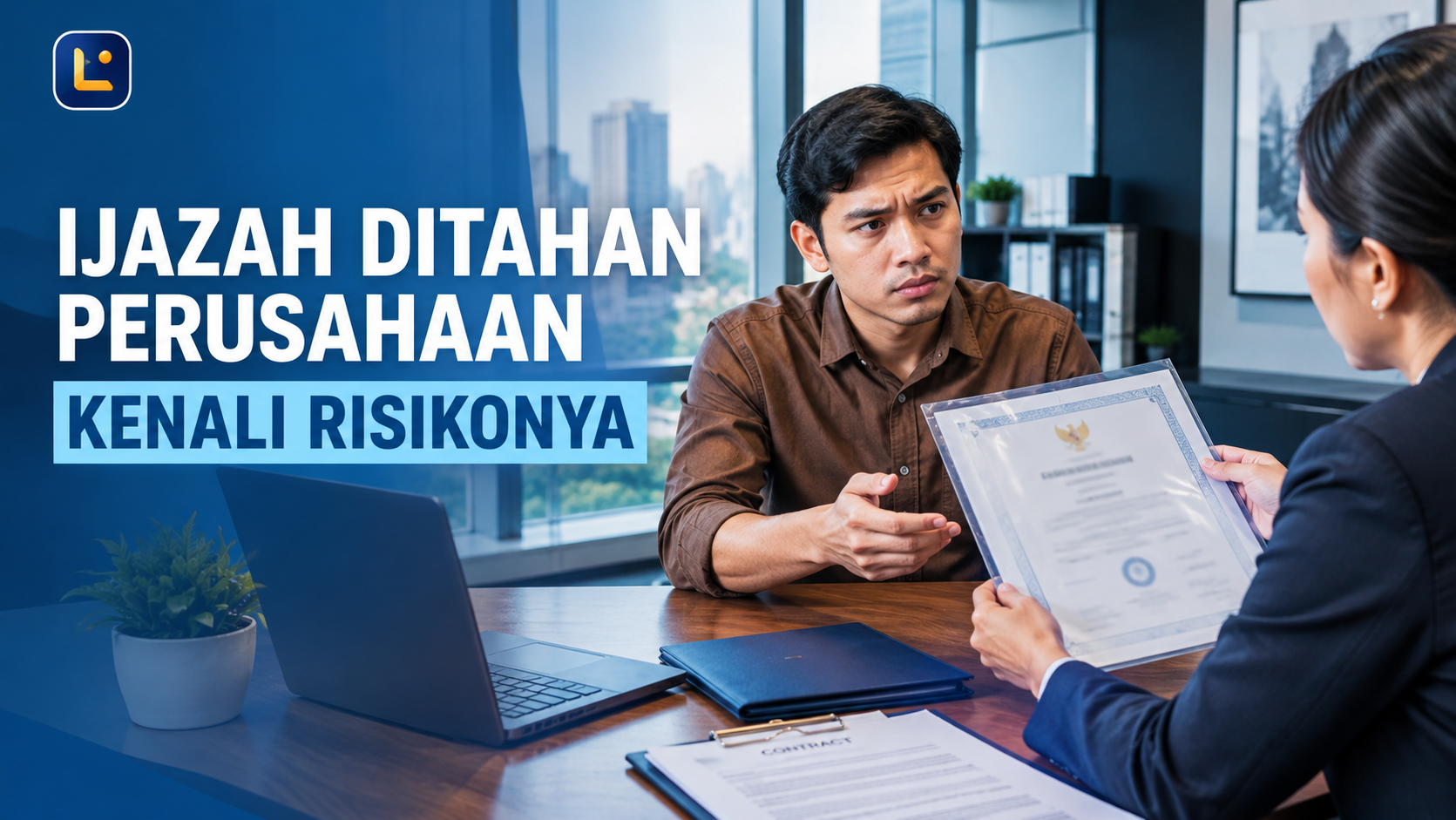 HRD memegang dokumen ijazah saat membahas penahanan ijazah oleh perusahaan