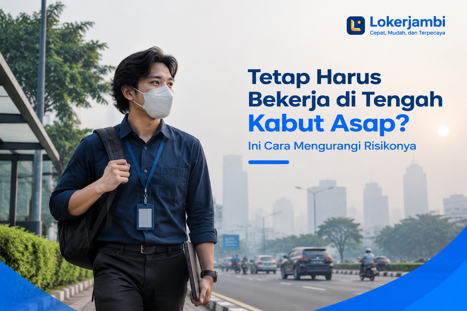 Pekerja tetap beraktivitas di tengah kabut asap dengan menggunakan masker dan perlindungan yang sesuai.
