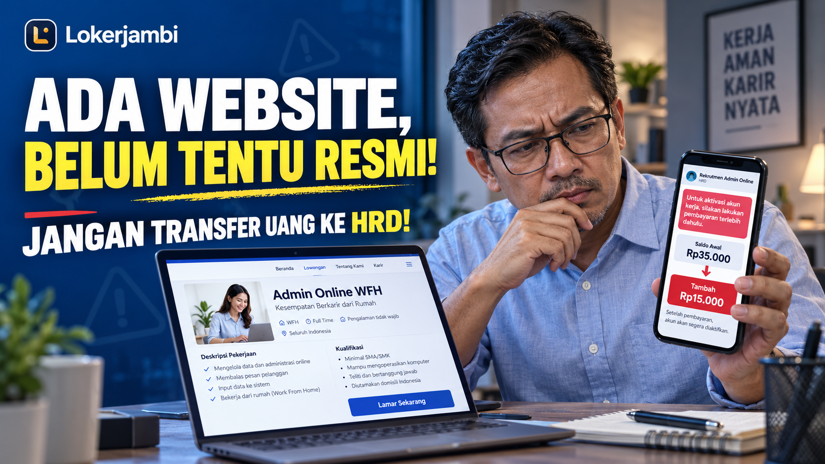 Ilustrasi pencari kerja memeriksa website lowongan pekerjaan untuk menghindari modus penipuan rekrutmen palsu.